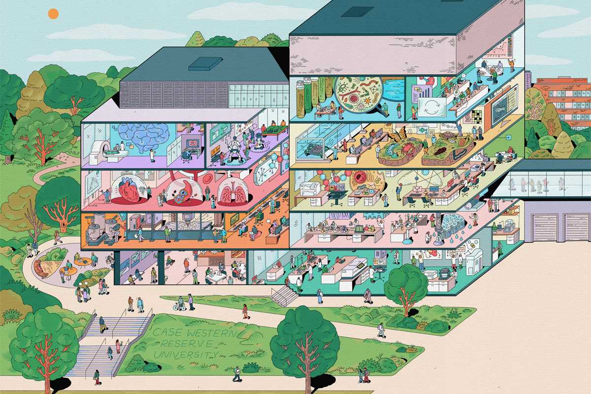 Illustration depicting a cross-section view of the five-story Interdisciplinary Science and Engineering Building, with illustrated people working in various science-themed rooms, including laboratories, offices, and gathering areas, surrounded by trees on a campus setting. 